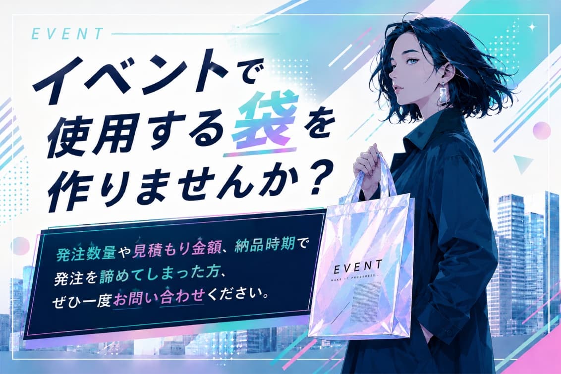イベントで使用する袋を作りませんか?発注数量や見積もり金額、納品時期で発注を諦めてしまった方、ぜひ一度お問い合わせください。